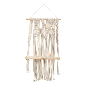 5 in. x 30 in. x 18 in. Cream Handmade Macrame and Wood Boho Wall Hanging with Shelf