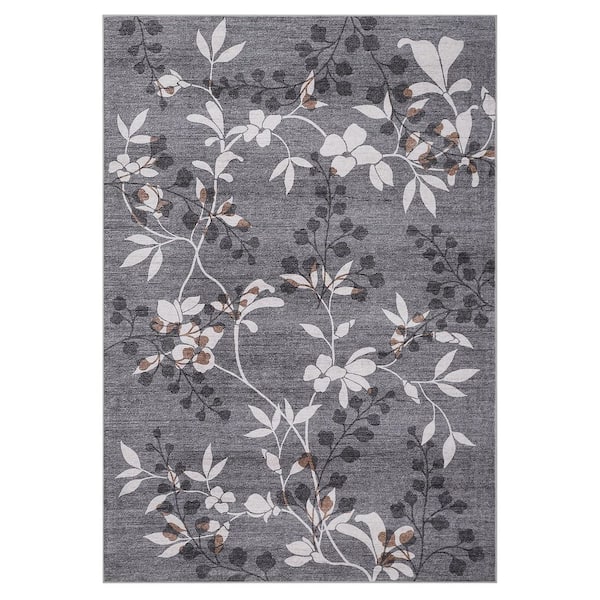 Gray 8x10 Plant Floral Rug Machine Washable Ultra-Thin Soft Foldable Polyester