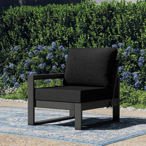 Endless Outdoor Patio Deep Seating Left Arm Chair with Gray Plastic Frame and Black Side Tie Cushions