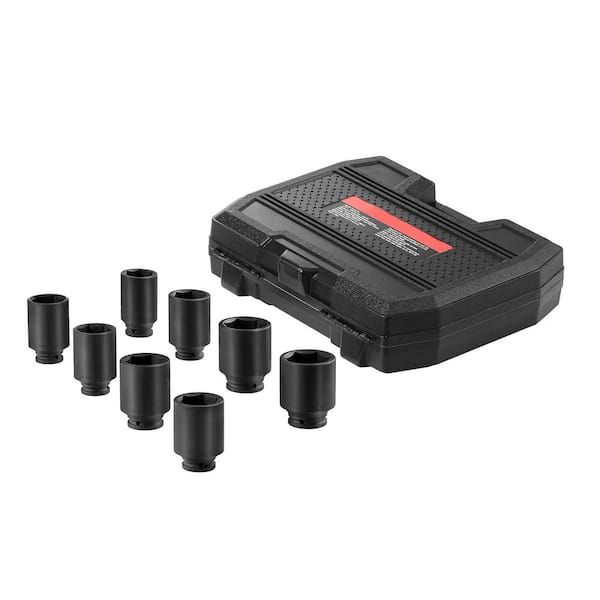 Axle Nut Impact Socket Set, 1/2 in. Drive Deep 12-Point 8-Piece Metric Spindle Nut Socket Set, CR-MO Heat Treated