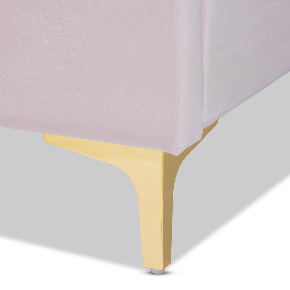 Light Pink Velvet Upholstered Queen Platform Bed with Gold Legs