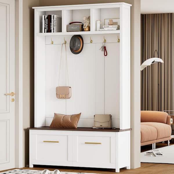 Harper & Bright Designs White 4-in-1 Versatile Hall Tree with 6-Golden Hooks and Storage Shelves, Brown Wood Grain Bench with 2-Drawers