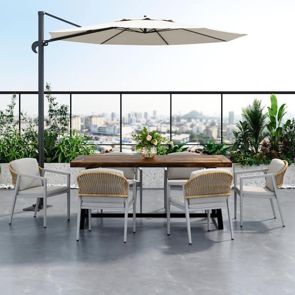Tenleaf 7-Piece Metal and Wood Outdoor Dining Set with Beige Cushions, Wicker Backrest