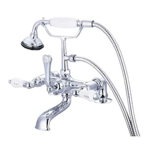 3-Handle Claw Foot Tub Faucet with Labeled Porcelain Lever Handles and Handshower in Triple Plated Chrome