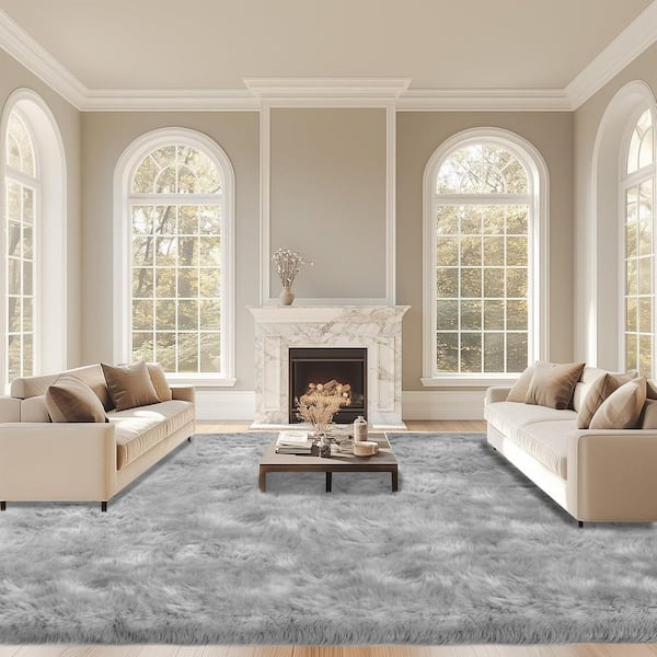 Gray 10 ft. x 12 ft. Large Rug Fluffy Fuzzy Furry Faux Fur Rug Area Rug