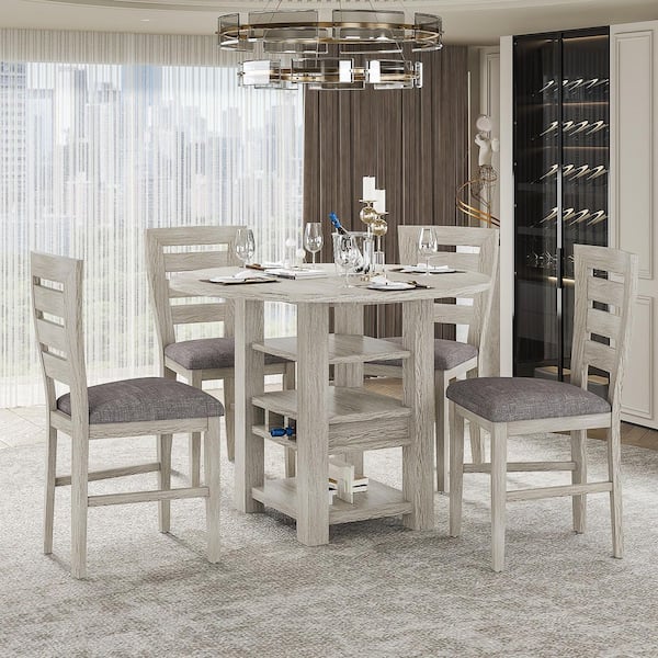 5-Piece Drop Leaf Counter Height Dining Table Set w/Wine Rack and Storage, Gray Wood Top Table and 4 Upholstered Chairs