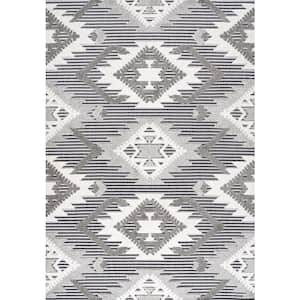 Sumak High-Low Pile Neutral Diamond Kilim Gray/White/Black 8 ft. x 10 ft. Indoor/Outdoor Area Rug