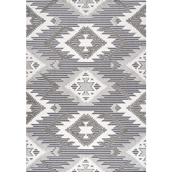Sumak High-Low Pile Neutral Diamond Kilim Gray/White/Black 8 ft. x 10 ft. Indoor/Outdoor Area Rug