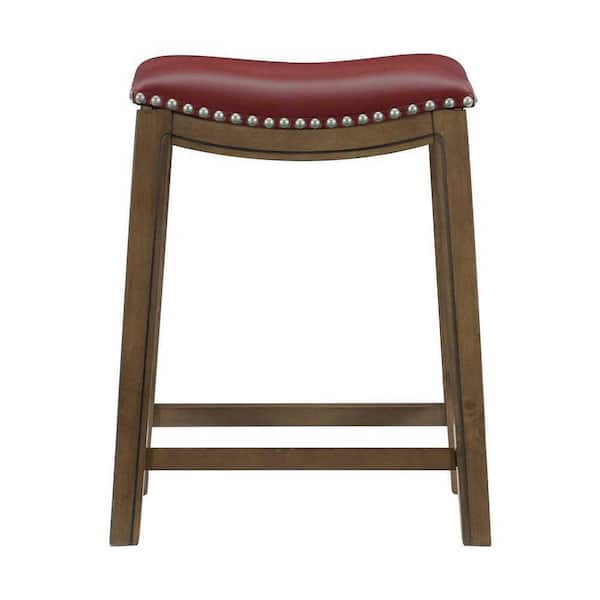EVERGLADE HOME Pecos 26 in. Brown Backless Wood Frame Saddle Bar Stool with Red Faux Leather Seat