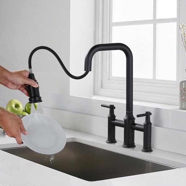 3-Holes Double Handle Brass Bridge Kitchen Faucet with 3-Modes Pull-Down Sprayer and High Arc Spout in Matte Black