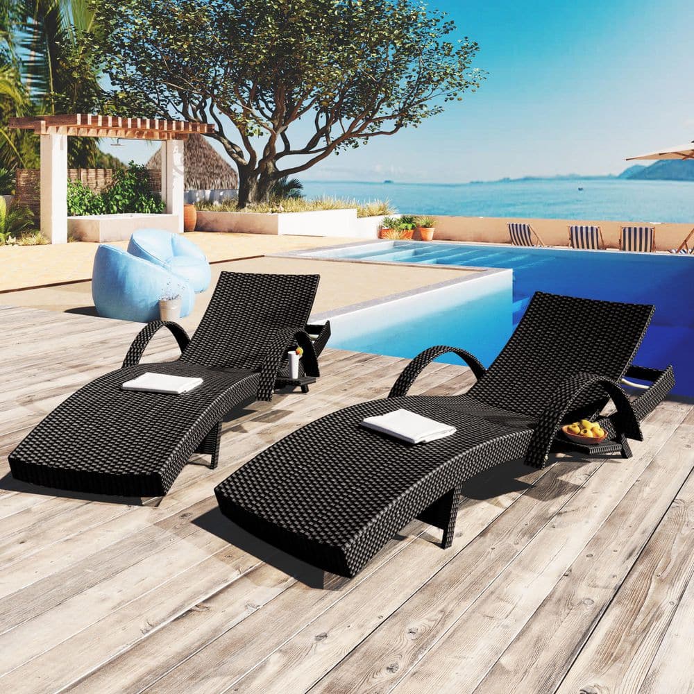 Black 2-Piece Wicker Outdoor Chaise Lounge Set with Pull-Out Side Table, Ad