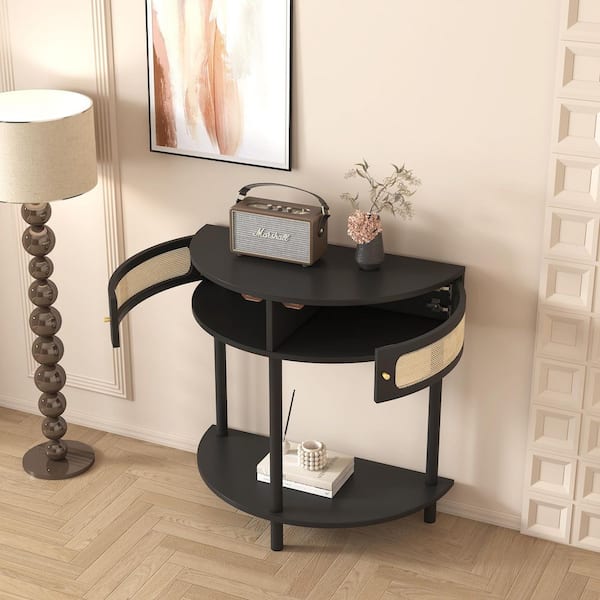 Boyel Living 32.3 in. Tall Black Unique Half Moon Design MDF Console Table with 2 Rattan Storage Cabinet and Bottom Shelf