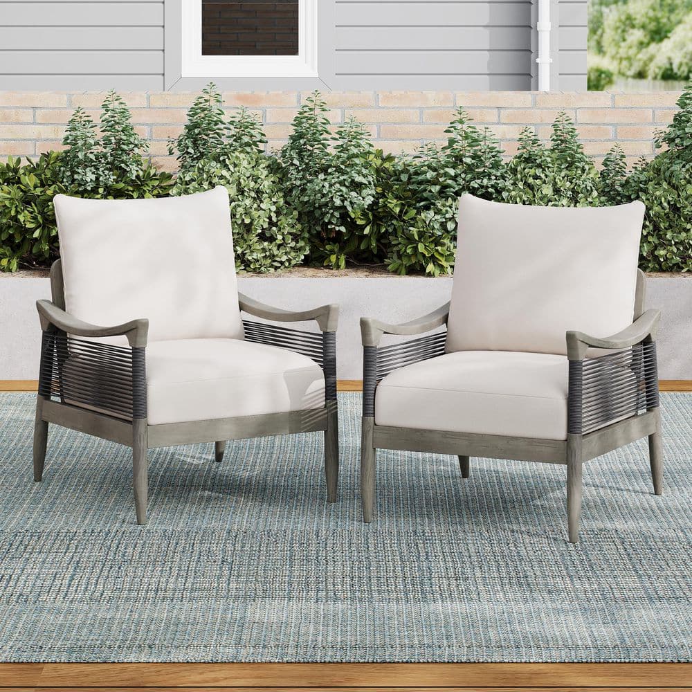 Poppy Solid Wood Outdoor Patio Cushioned Lounge Chair with Rope Weave, Grey + Beige, Set of 2 price history on PriceWatchPro