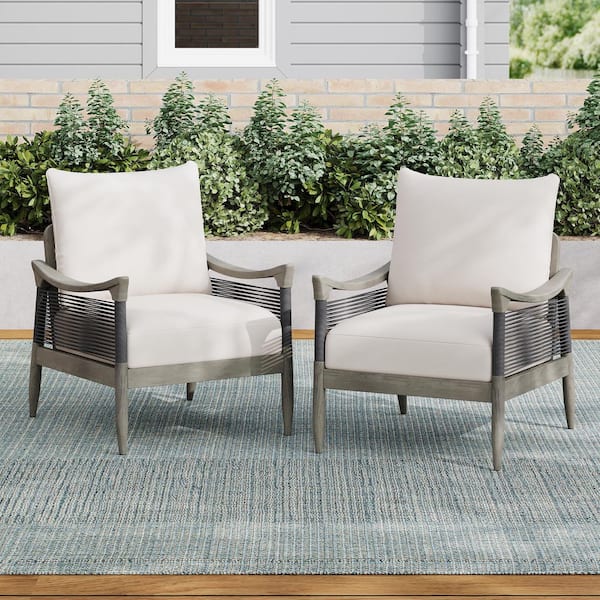 CHRISTOPHER KNIGHT HOME Poppy Solid Wood Outdoor Patio Cushioned Lounge Chair with Rope Weave, Grey + Beige, Set of 2