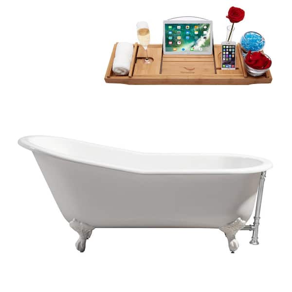 Streamline 61.4 in. Cast Iron Clawfoot Non-Whirlpool Bathtub in Glossy White with Polished Chrome Drain and Glossy White Clawfeet