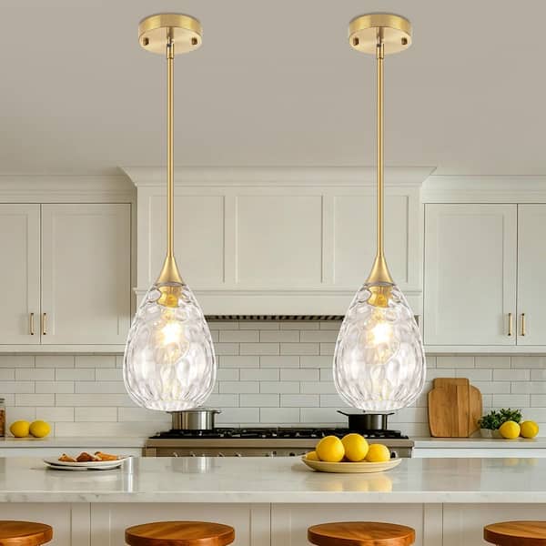 1-Light Gold Modern Hammered Glass Pendant Light with Adjustable Rods for Kitchen Sink Dining Room (2-Pieces)