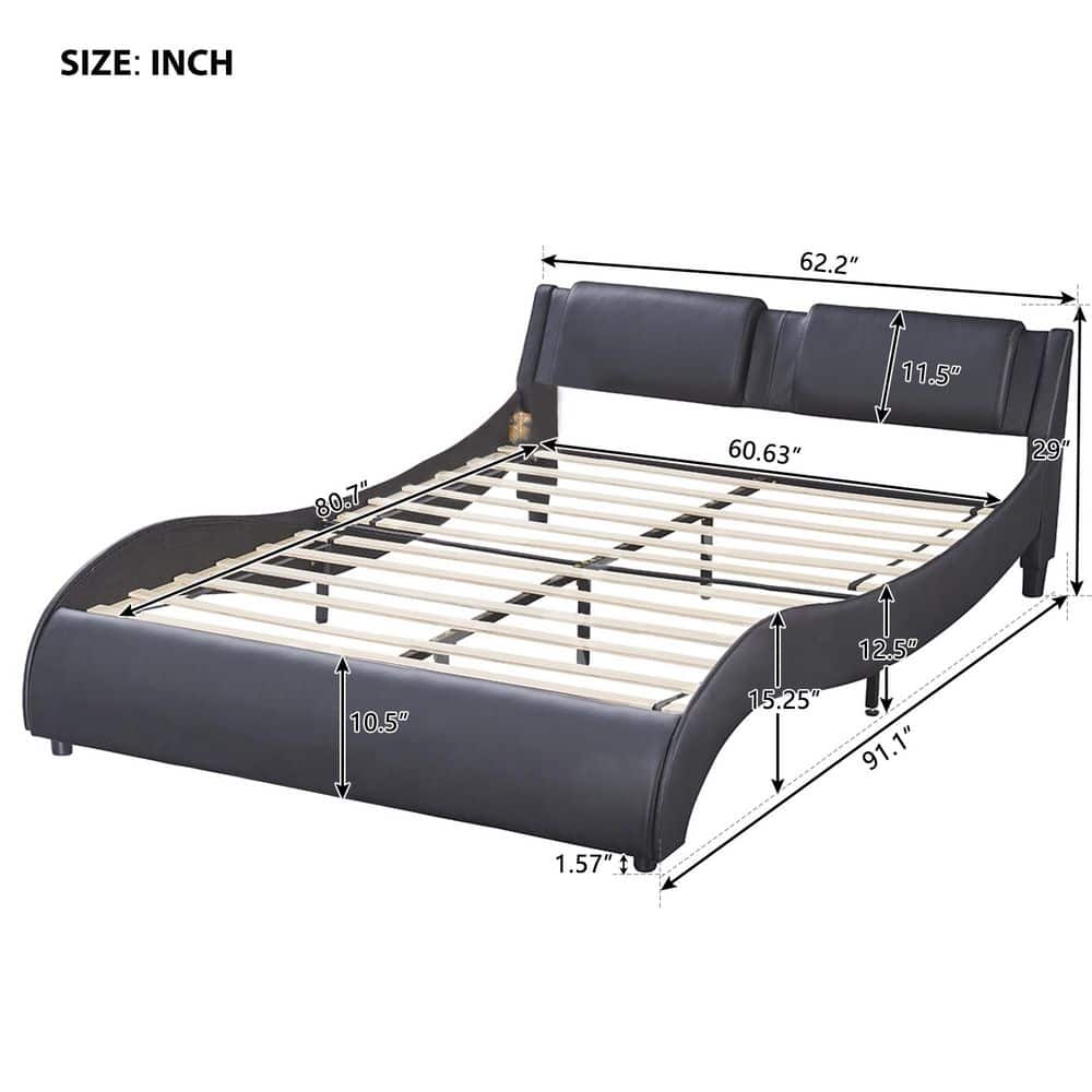 Black Faux Leather Upholstered Queen Platform Bed with LED Lights
