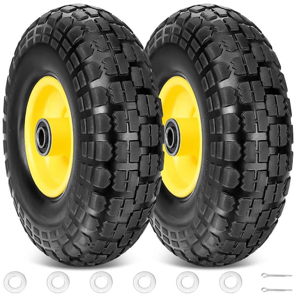 Angel Sar 10 in. Solid Rubber Tires with 5/8 in. Axle Bore Hole and Double Sealed Bearings for Garden Cart, Yellow (2-Pack)