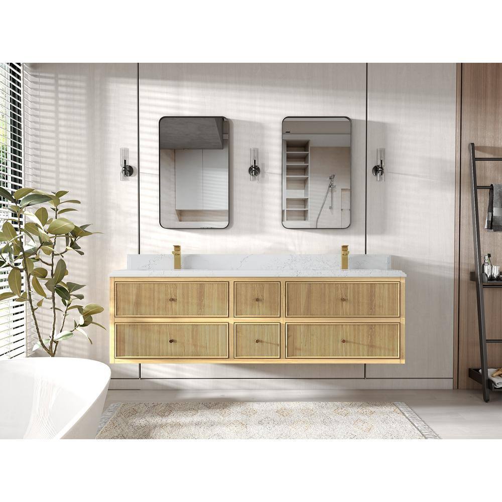 Light Natural Teak Double Sink Freestanding Vanity with Quartz Top