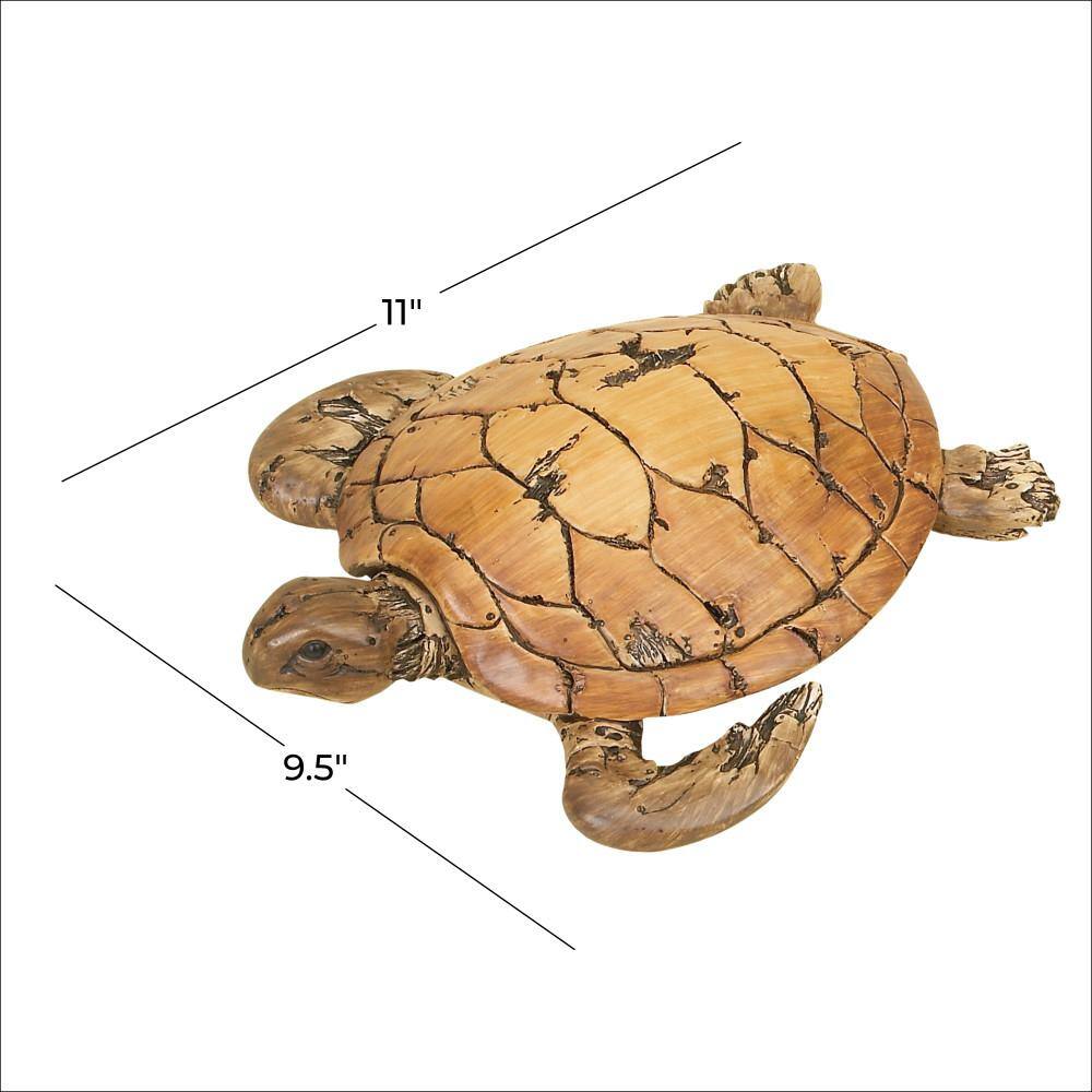Hand-Carved Brown Wood Coastal Turtle Sculpture