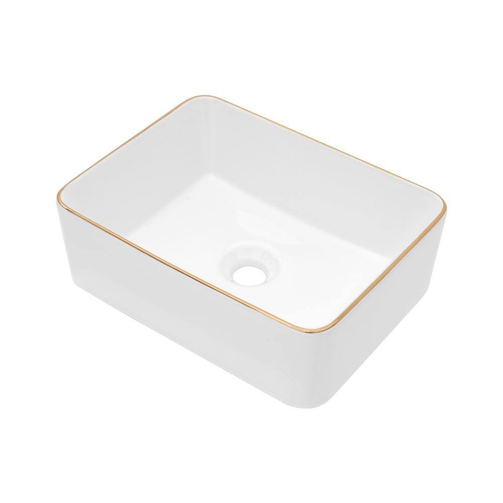 19" White Ceramic Rectangular Vessel Sink with Gold Rim