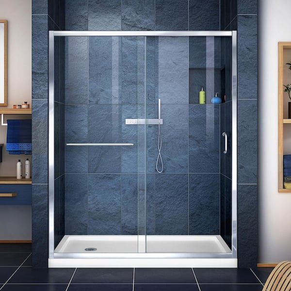 DreamLine Infinity-Z 34 in. x 60 in. Semi-Frameless Sliding Shower Door in Chrome with Left Drain White Acrylic Base