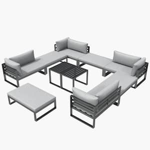 Jess 10-Piece Aluminum Patio Conversation Set with Grey Cushions and Stools