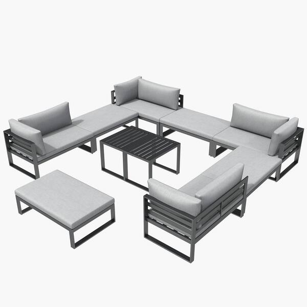 DIRECT WICKER Jess 10-Piece Aluminum Patio Conversation Set with Grey Cushions and Stools