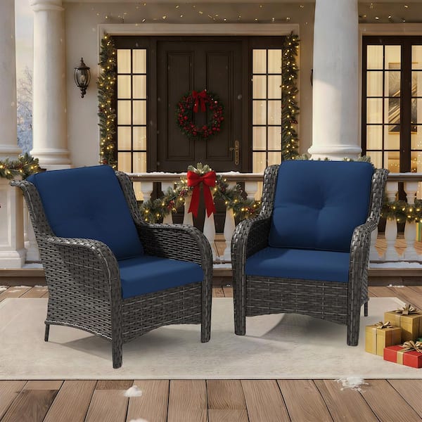 Ergonomic Arm 2-Piece Patio Wicker Outdoor Lounge Chair with Thick Blue Cushions