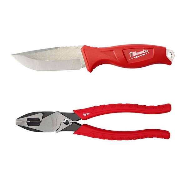 Milwaukee 4 in. Tradesman Fixed Blade Knife with 9 in. High Leverage Lineman's Pliers with Crimper
