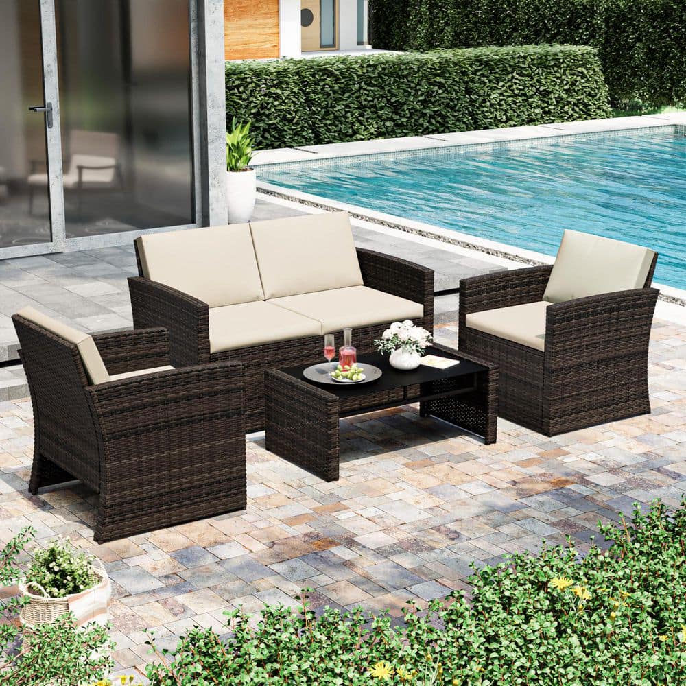 Esunny 4-Piece Outdoor Wicker Patio Conversation Set Furniture Set Chat ...