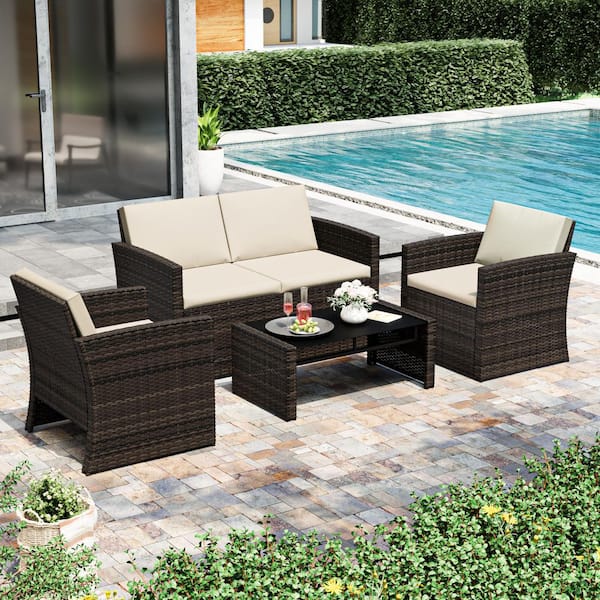Esunny 4-Piece Outdoor Wicker Patio Conversation Set Furniture Set Chat Set with Beige Cushions