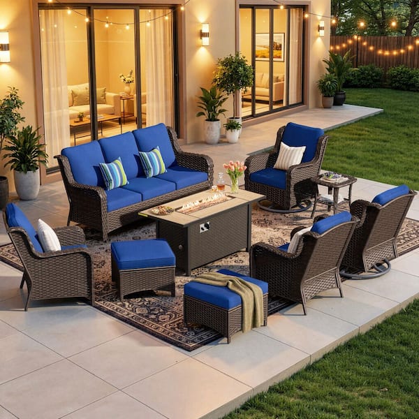 Joyoung Brown 9-Piece Wicker Patio Rectangle Fire Pit Conversation Set with Navy Blue Cushions and Swivel Chairs