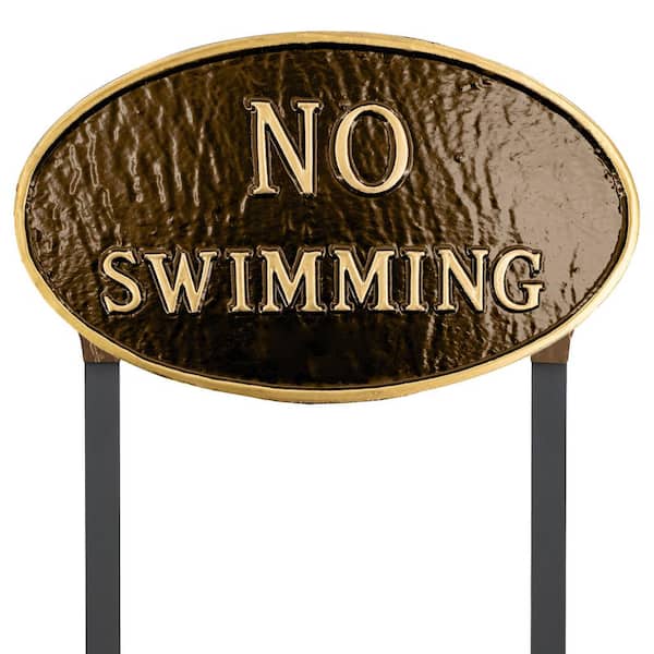 Montague Metal Products 10 in. x 18 in. Large Oval No Swimming Statement Plaque Sign with Lawn Stakes - Oil Rubbed/Gold