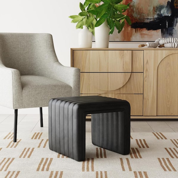 Black Faux Leather Modern Channel Ottoman