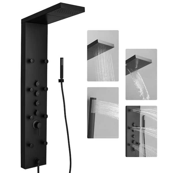 8-Jet Rainfall Shower Tower Shower Panel System with Rainfall Waterfall Shower Head and Shower Wand in Matte Black