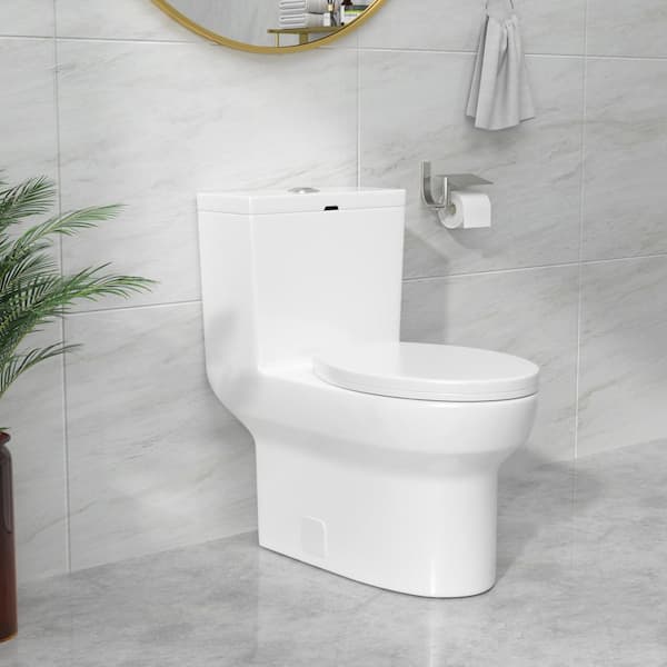 1-Piece 1.1/1.6 GPF High Efficiency Dual Flush Elongated Ceramic Toilet in Glossy White with Slow Close Seat