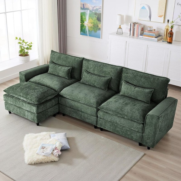 Luxury 121 in. Square Arm Chenille L-Shaped 3-Seat Sectional Sofa with Flexible Combination Ottoman and Pillow in Green