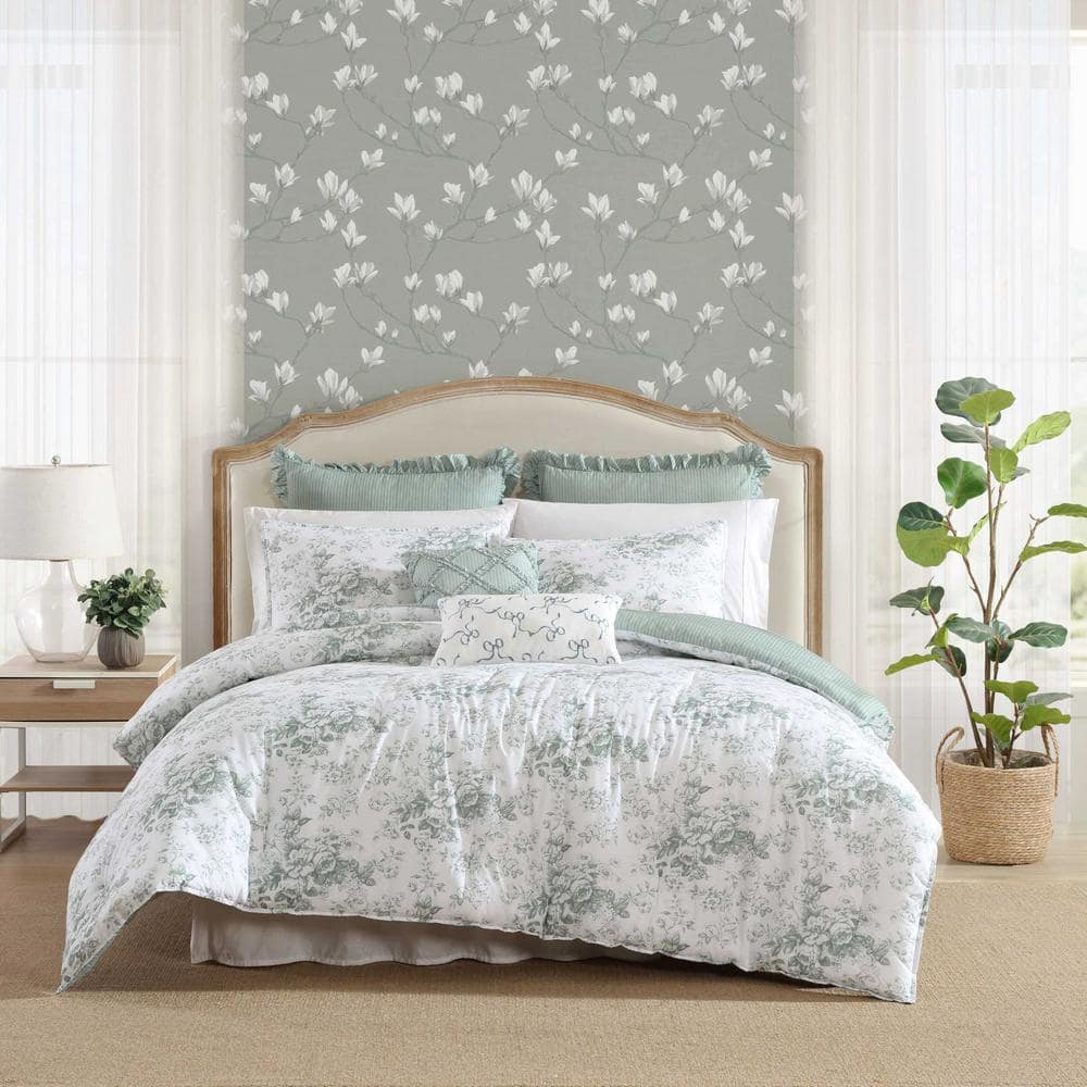 Laura Ashley Toile Delight 6-Piece Mist Green Cotton King Bonus