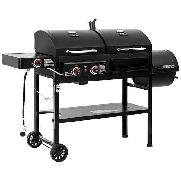 2-Burner Propane Gas and Charcoal Combo Grill with Offset Smoker Side Burner in Black