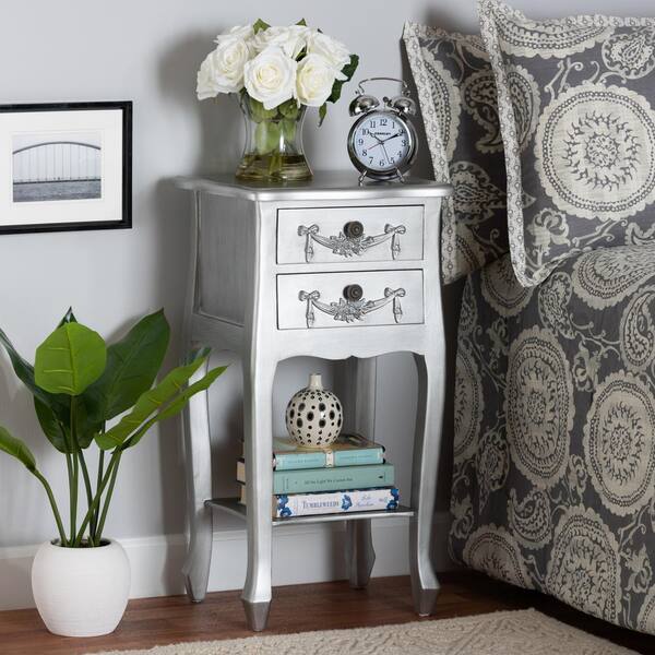 Baxton Studio Eliya Classic Brushed Silver Wood 2 Drawer Nightstand