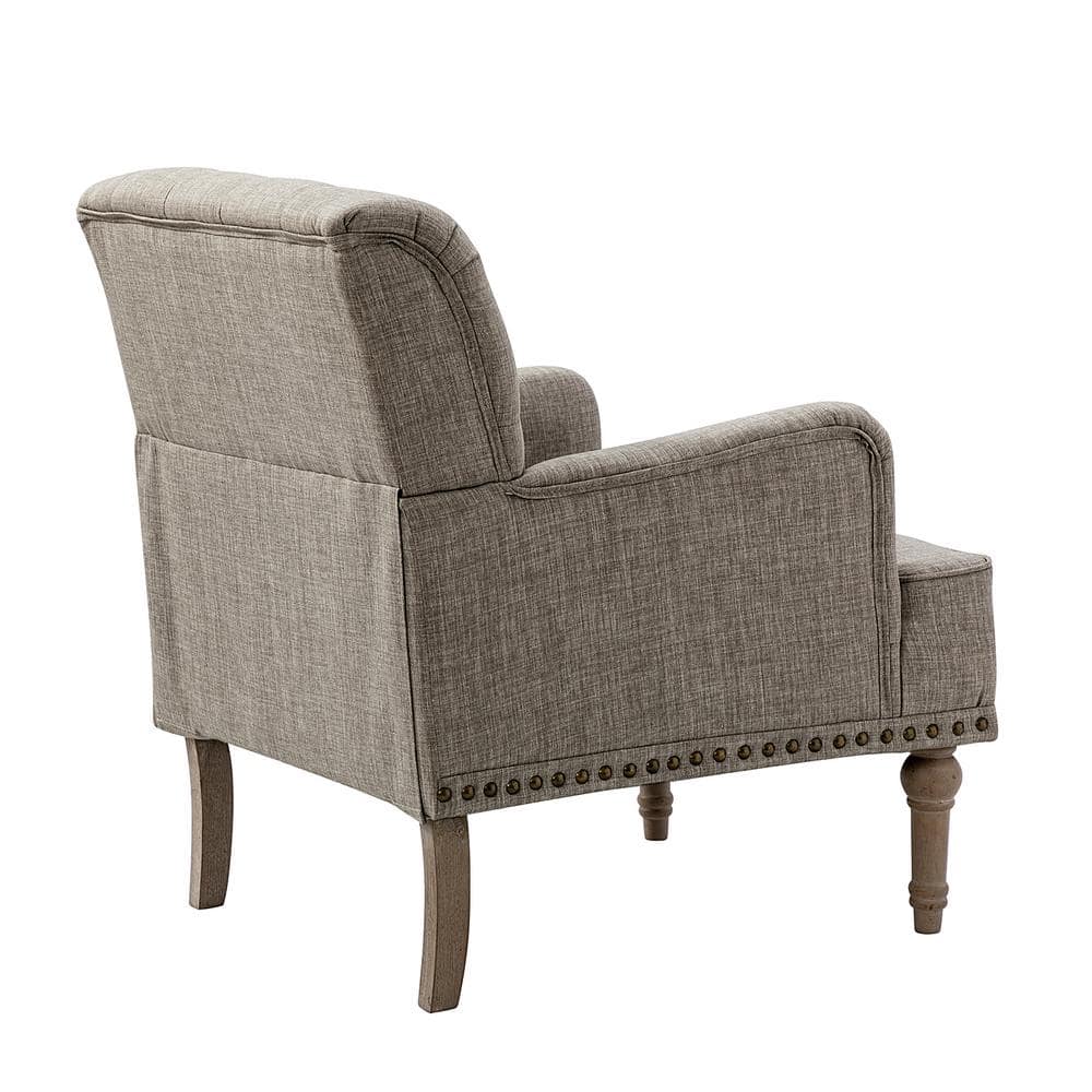 Gray Tufted Polyester Accent Chair with Nailhead Trim and Wooden Legs
