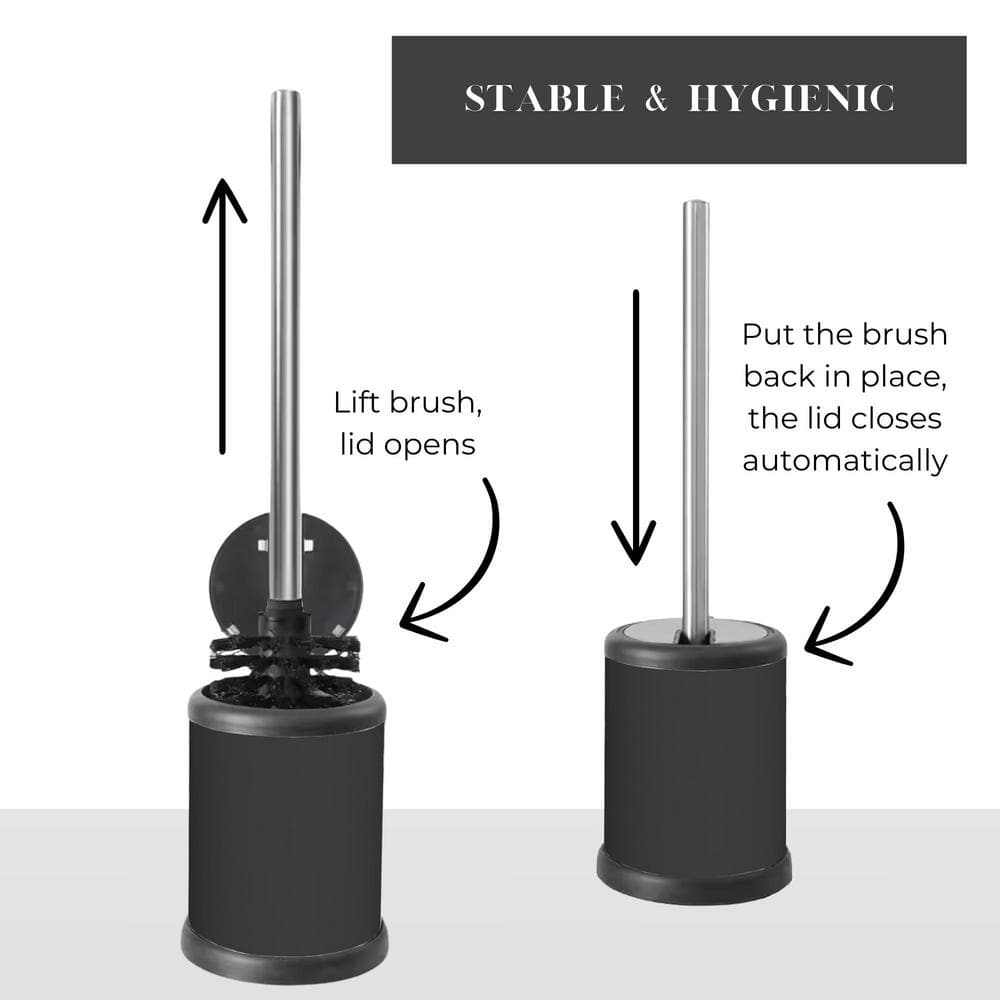 Compact Black and Stainless Steel Toilet Brush Set with Folding Lid