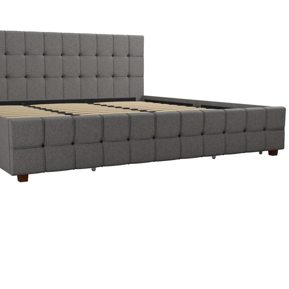 King-Size Gray Linen Upholstered Storage Bed with Tufted Design & 4 Drawers