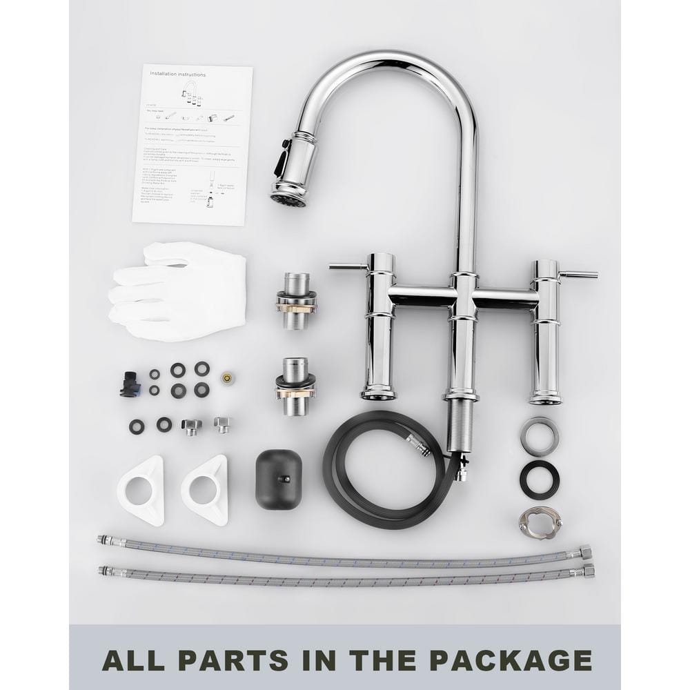 Polished Chrome Double Handle Bridge Kitchen Faucet with Pull Down Sprayer