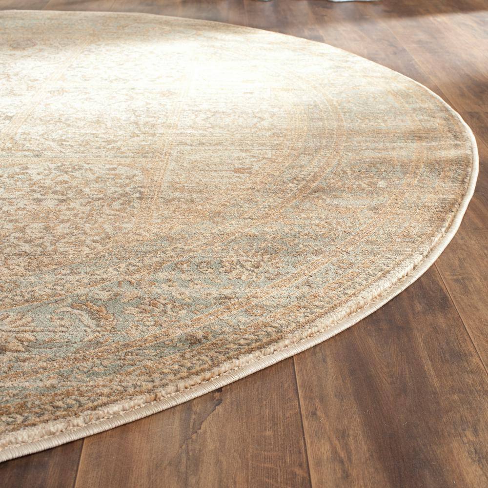 Ivory and Light Blue Round Viscose Area Rug, 80"