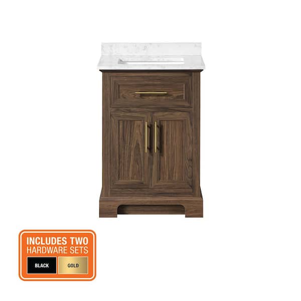 Doveton 24 in. Single Sink Dark Walnut Bath Vanity with White Engineered Marble Top (Assembled)