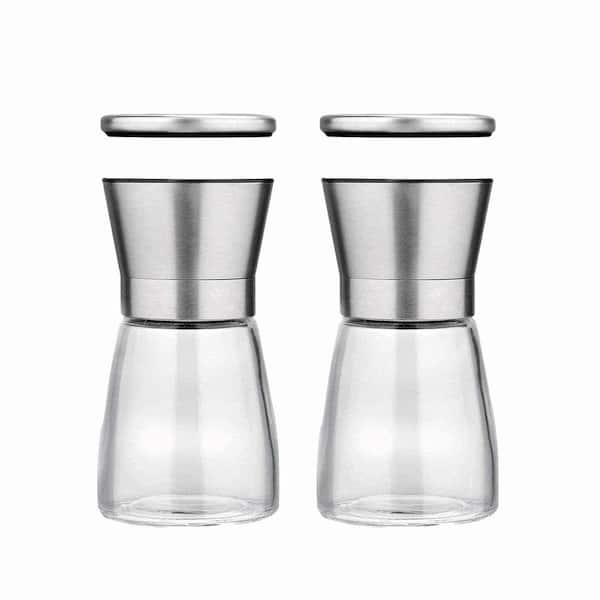 Refillable Salt and Pepper Grinder Set Brushed Stainless Steel Short Glass Shaker Adjustable Coarseness with Wooden Tray