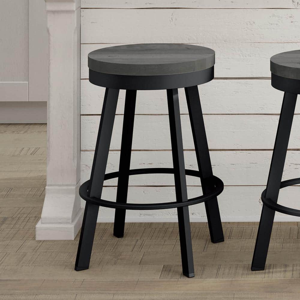 30" Grey Distressed Wood & Black Metal Industrial Swivel Barstool