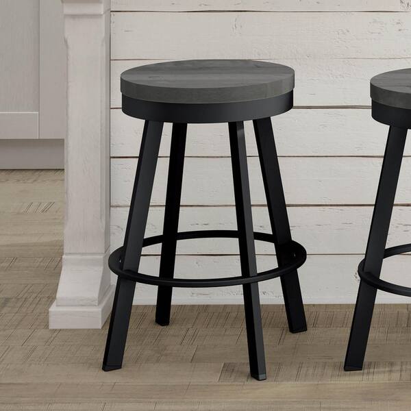 Amisco Warner 30 in. Black Metal Grey Wood Bar Stool